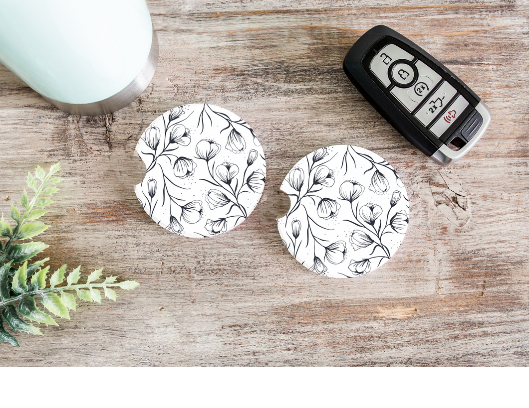 Black & White Floral Car Cup Holder Coasters